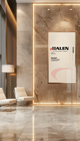 A modern illuminated lightbox mockup displayed in a corporate lobby, framed with polished metal, surrounded by neutral tones and soft ambient lighting, highly photorealistic details --ar 3:4 --v 6 Job ID: 2cb3500b-60c7-4c02-b36a-145f05ff0e85