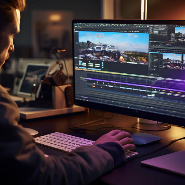 man-sits-desk-with-two-monitors-sound-board